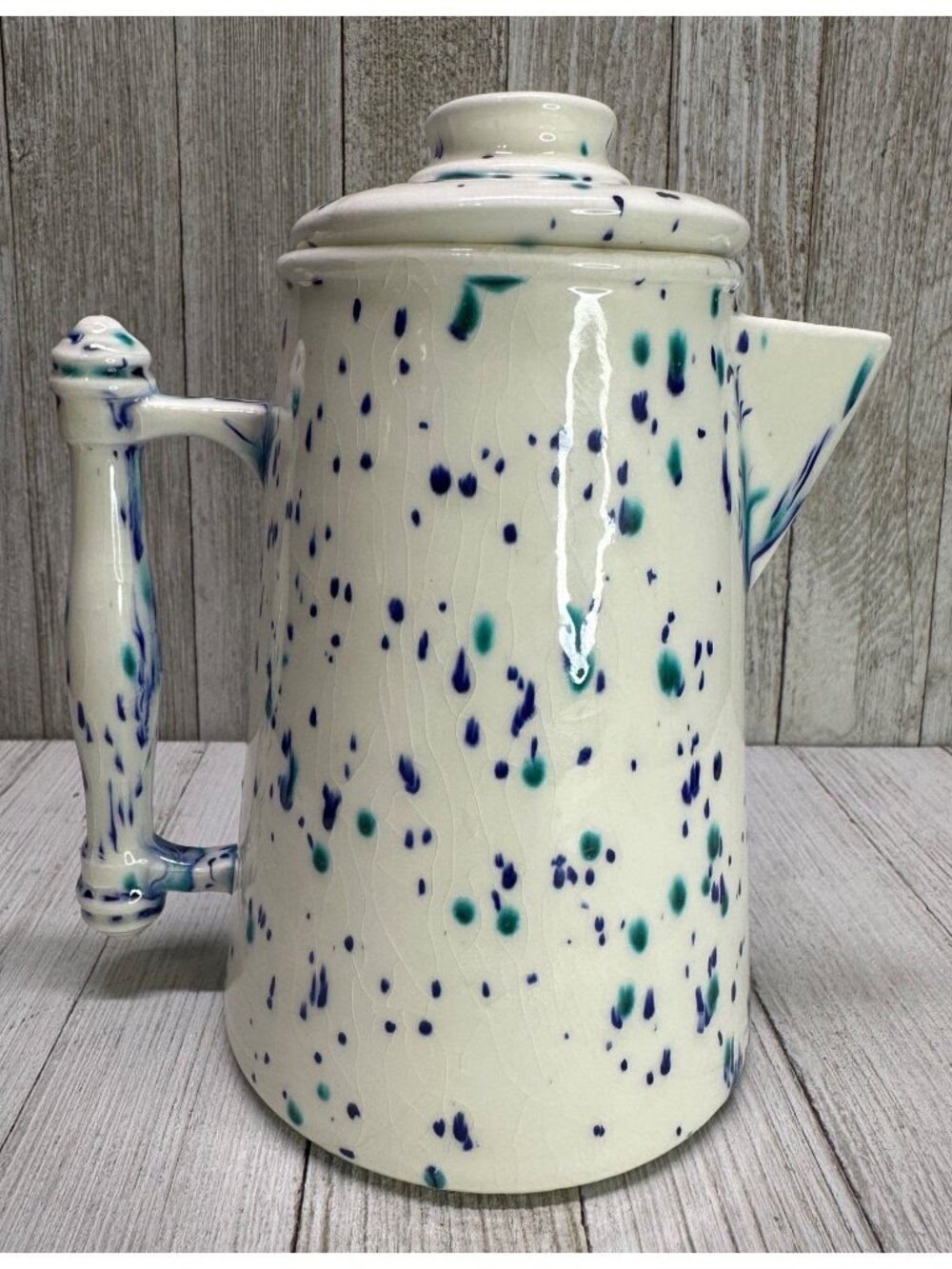 Vtg Coffee Tea Pot Cermaic Glaze White Blue Speckled Splatter Paint Design 6'' T